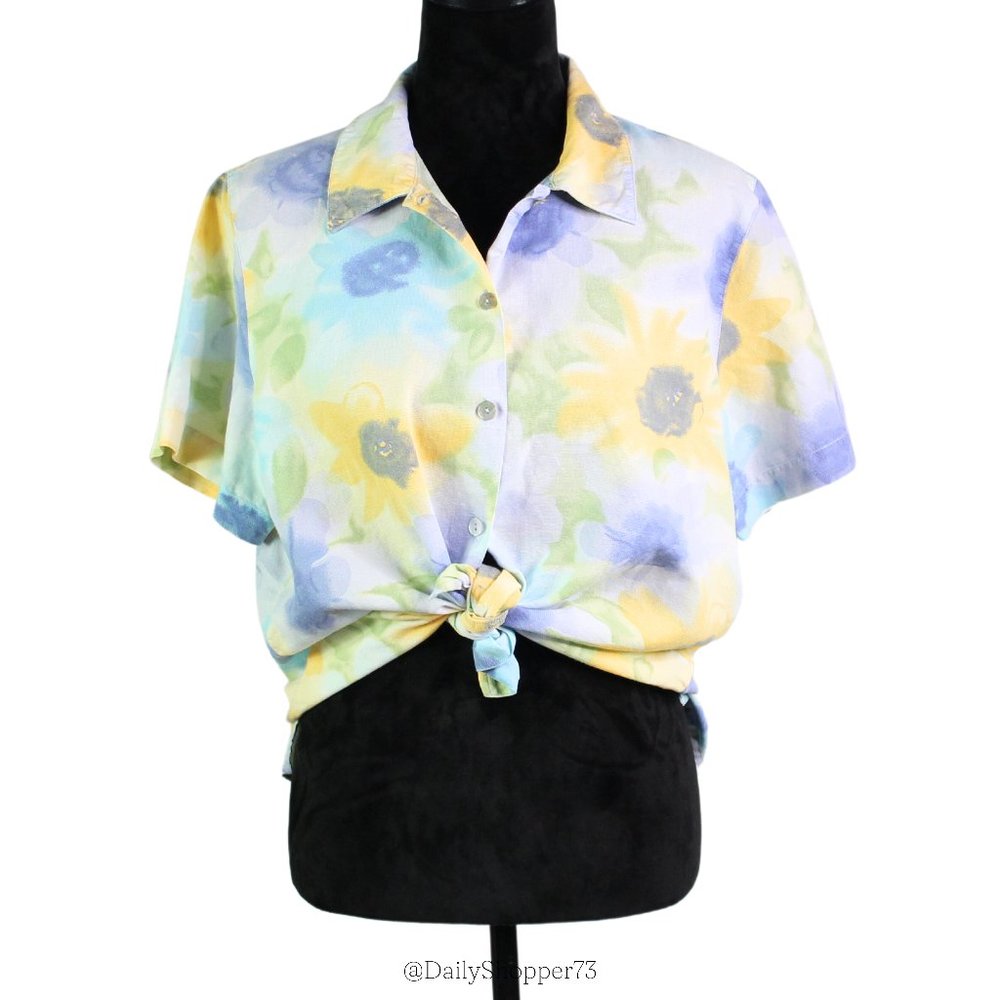 Lemon Grass Women's Linen Cotton Blue Yellow Watercolor Sunflower Button Up Top